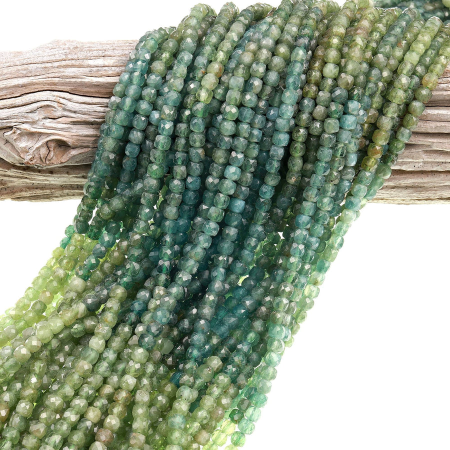Natural Green Apatite  Micro Faceted 4mm 5mm Cube Dice Square Beads 15.5" Strand
