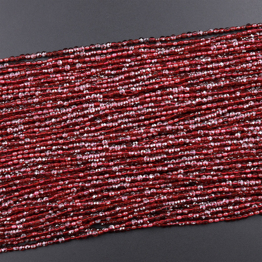 AAA Faceted Natural Red Garnet Coin Beads 2mm 3mm 4mm Flat Disc Dazzling Micro Diamond Cut 15.5" Strand