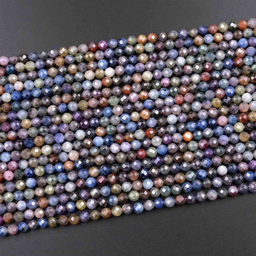 Real Genuine Burma Sapphire Faceted 2mm 3mm 4mm 5mm Round Beads Natural Multicolor Blue Purple Green Pink Yellow Gemstone 15.5" Strand