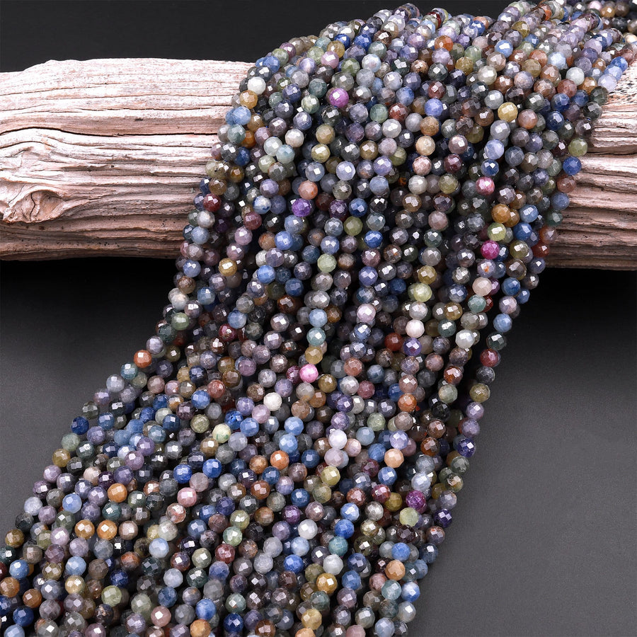 Real Genuine Burma Sapphire Faceted 2mm 3mm 4mm 5mm Round Beads Natural Multicolor Blue Purple Green Pink Yellow Gemstone 15.5" Strand