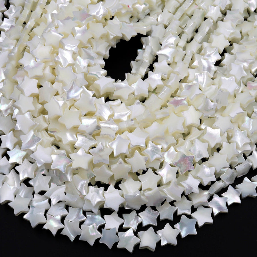 AAA Iridescent Hand Carved Natural White Mother of Pearl Shell Star Beads 6mm 8mm 10mm 12mm 15.5" Strand