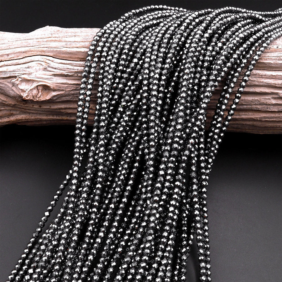 Faceted Natural Black Hematite 2mm 3mm 4mm 6mm 8mm Round Beads 15.5" Strand