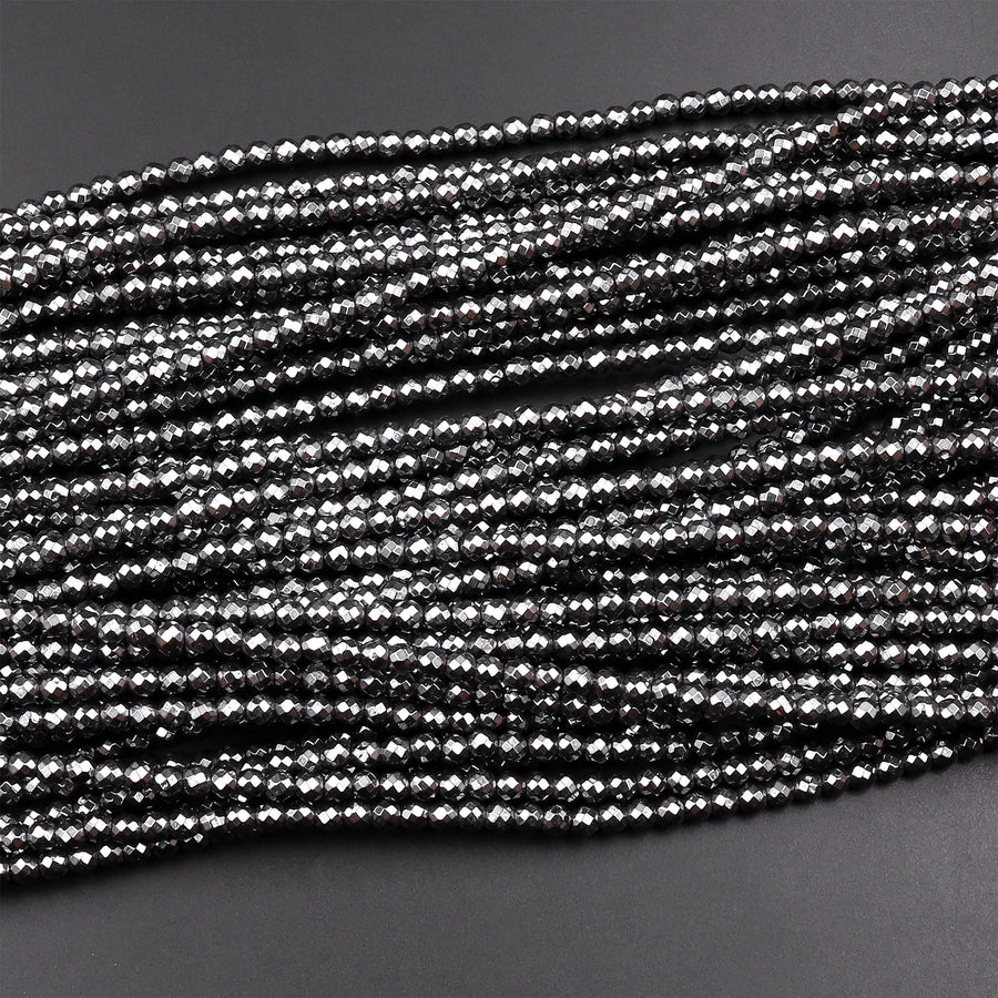 Faceted Natural Black Hematite 2mm 3mm 4mm 6mm 8mm Round Beads 15.5" Strand