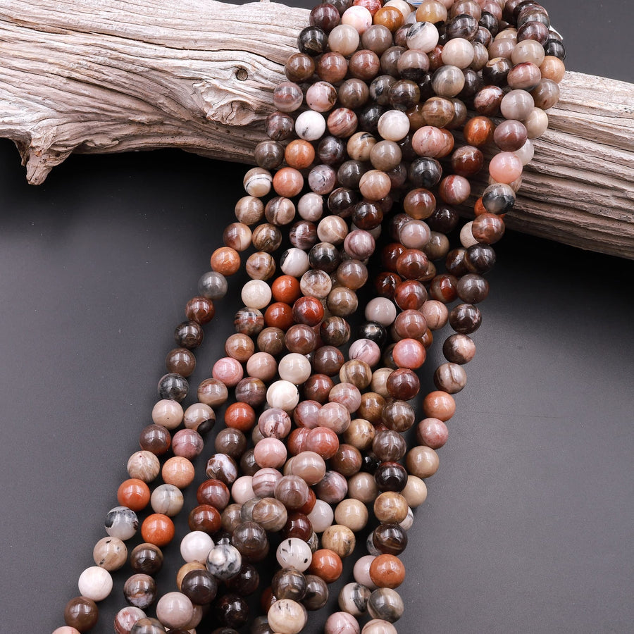 Natural Petrified Wood Beads 6mm 8mm 10mm Round Beads Earthy Brown Tan Gray Red Gemstone 15.5" Strand