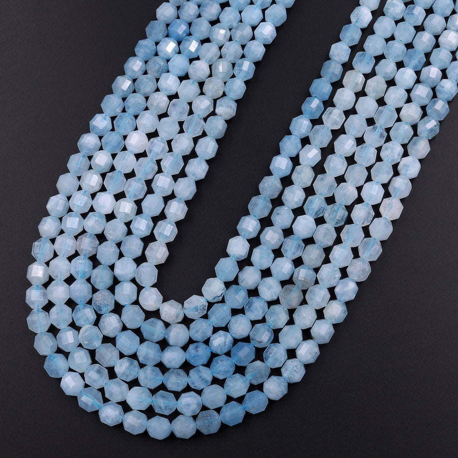 Natural Blue Aquamarine 6mm Beads Faceted Energy Prism Double Terminated Point Cut 15.5" Strand