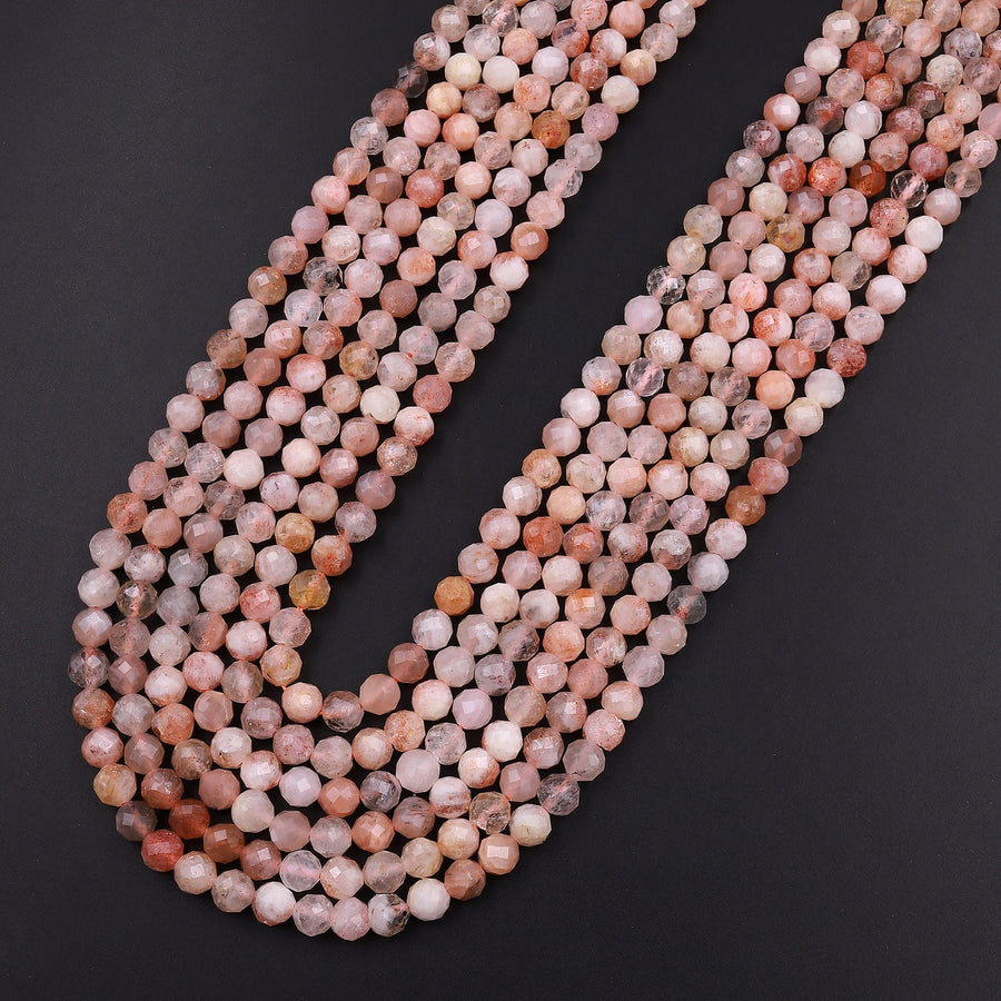 Micro Faceted Natural Sunstone Round Beads 4mm 5mm 6mm Sparkling Diamond Cut Gemstone 15.5" Strand
