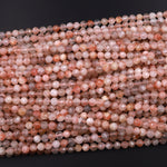 Micro Faceted Natural Sunstone Round Beads 4mm 5mm 6mm Sparkling Diamond Cut Gemstone 15.5" Strand