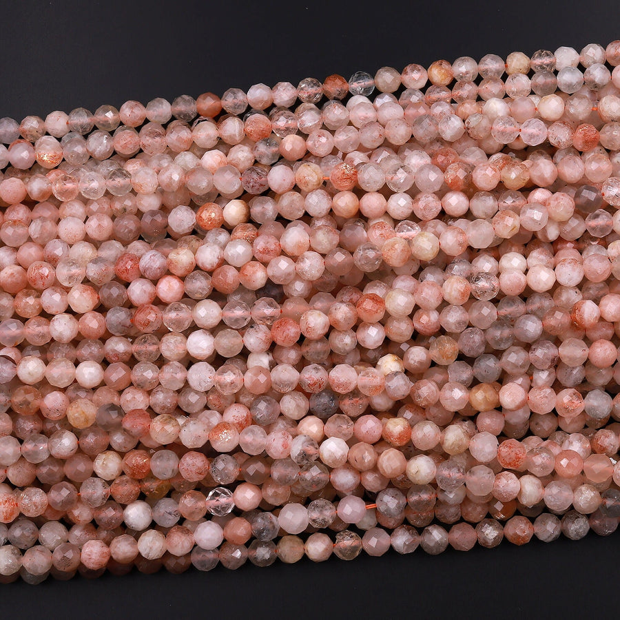Micro Faceted Natural Sunstone Round Beads 4mm 5mm 6mm Sparkling Diamond Cut Gemstone 15.5" Strand