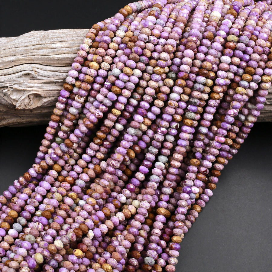 Natural Phosphosiderite Faceted 3mm 4mm 6mm Rondelle Beads Micro Faceted Gemstone Genuine Lilac Purple Brown Stone 15.5" Strand