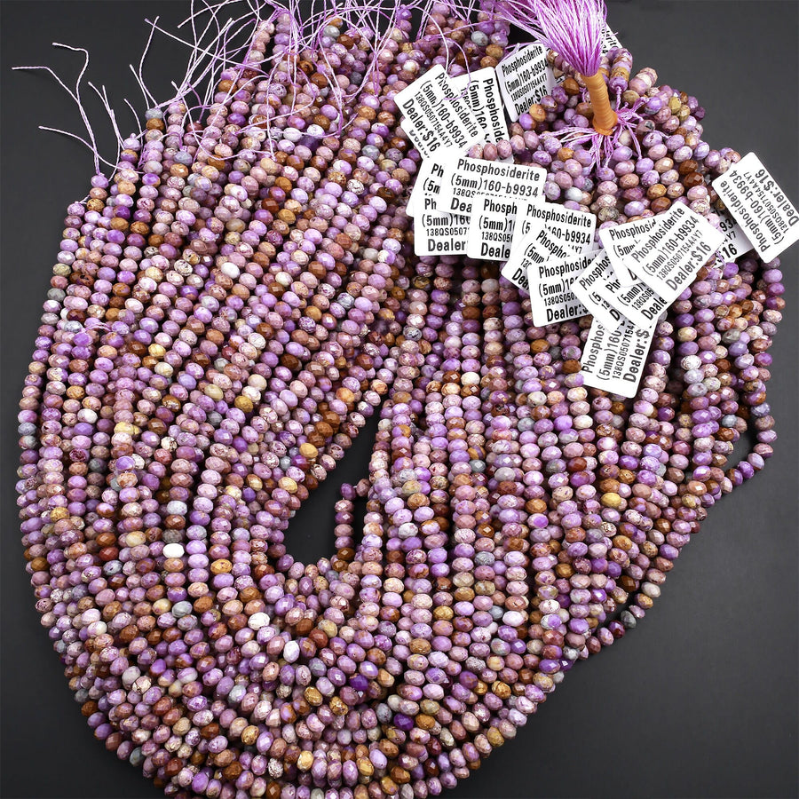 Natural Phosphosiderite Faceted 3mm 4mm 6mm Rondelle Beads Micro Faceted Gemstone Genuine Lilac Purple Brown Stone 15.5" Strand