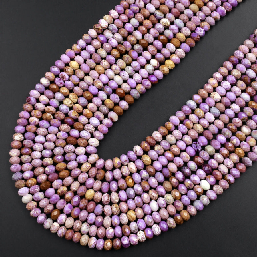 Natural Phosphosiderite Faceted 3mm 4mm 6mm Rondelle Beads Micro Faceted Gemstone Genuine Lilac Purple Brown Stone 15.5" Strand