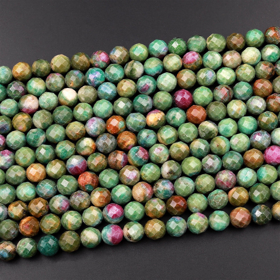 Natural Ruby Fuchsite Faceted Round 6mm 8mm Red Ruby Green Fuchsite Gemstone Fuschite 15.5" Strand