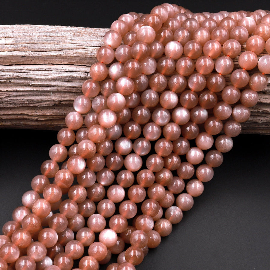 AAA Natural Silvery Peach Chocolate Moonstone 6mm 8mm 10mm Round Beads 15.5" Strand
