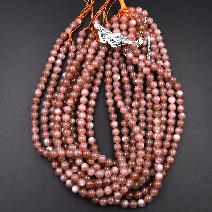AAA Natural Silvery Peach Chocolate Moonstone 6mm 8mm 10mm Round Beads 15.5" Strand