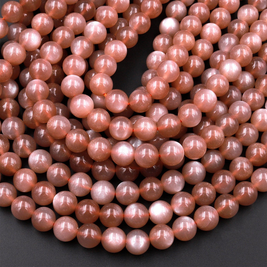 AAA Natural Silvery Peach Chocolate Moonstone 6mm 8mm 10mm Round Beads 15.5" Strand