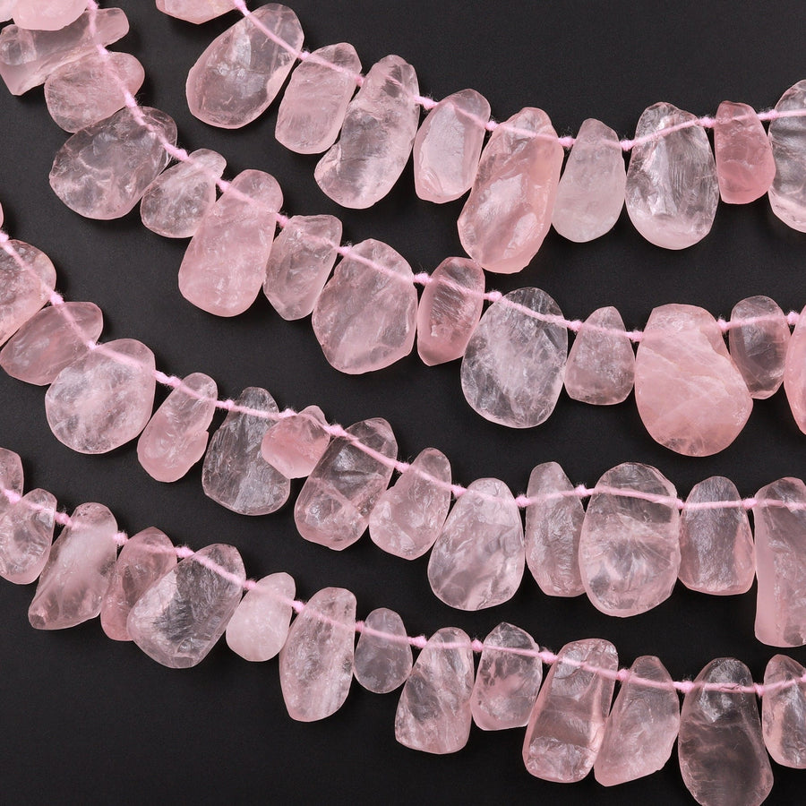 Rough Raw Natural Pink Rose Quartz Beads Freeform Teardrop Hammered Nuggets Organic Cut 15.5" Strand
