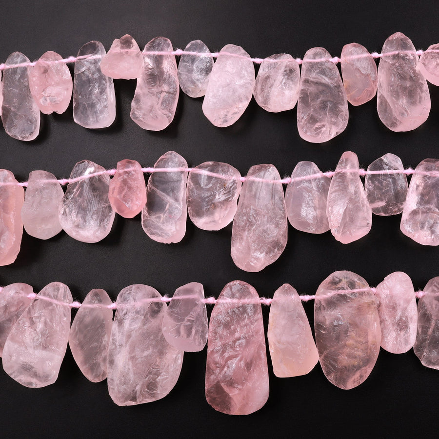 Rough Raw Natural Pink Rose Quartz Beads Freeform Teardrop Hammered Nuggets Organic Cut 15.5" Strand
