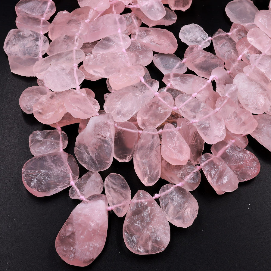 Rough Raw Natural Pink Rose Quartz Beads Freeform Teardrop Hammered Nuggets Organic Cut 15.5" Strand