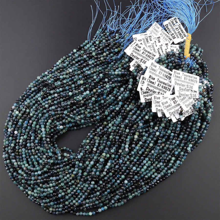 Natural Paraiba Blue Tourmaline Faceted 2mm 3mm 4mm Round Beads Indicolite Gemstone 15.5" Strand