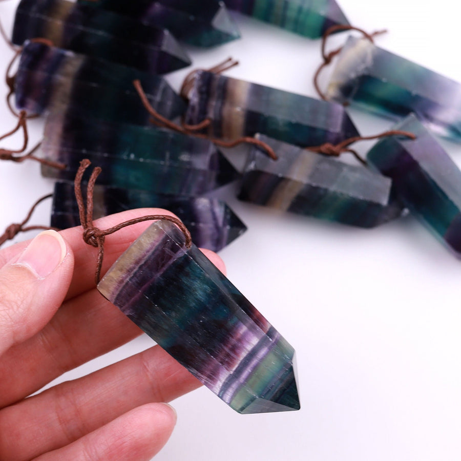 Natural Rainbow Fluorite Point Pendant Gemstone Tower Pendulum