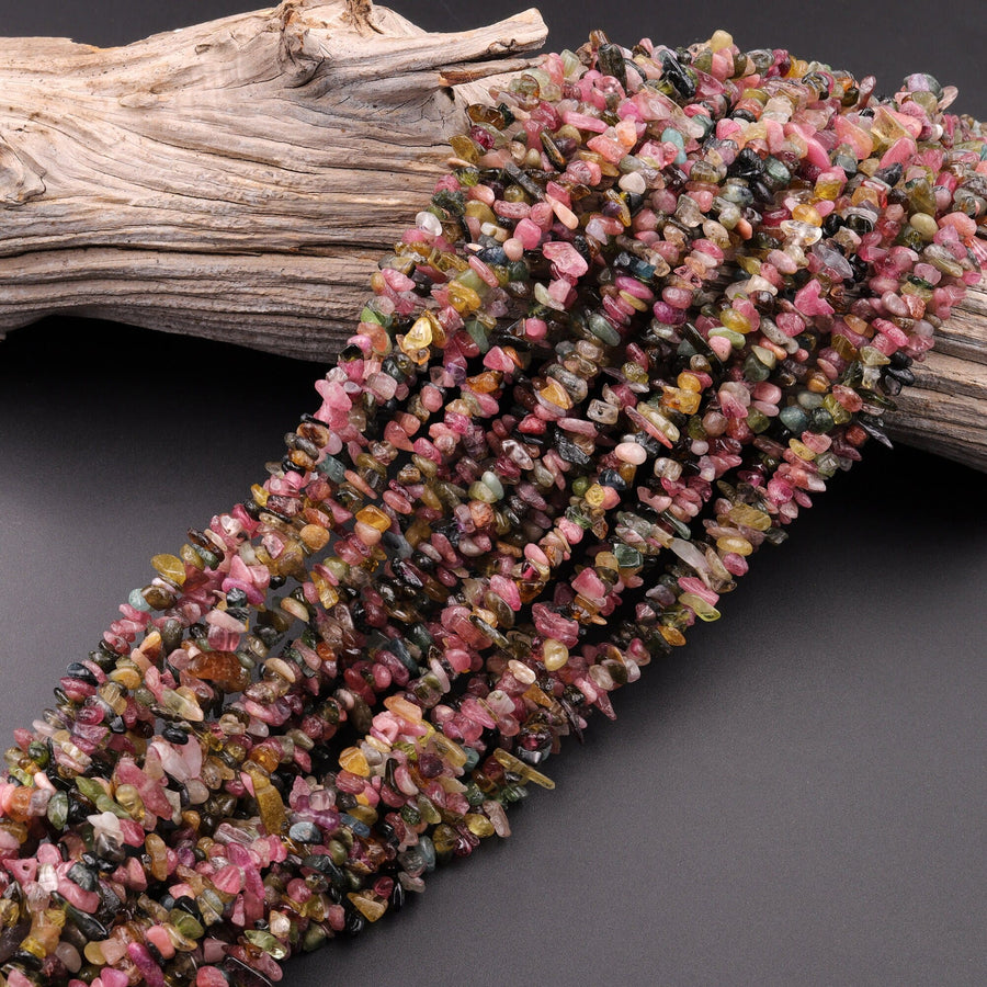 Natural Multicolor Green Pink Yellow Tourmaline Freeform Chip Pebble Nugget Beads Gemstone 15.5" Strand