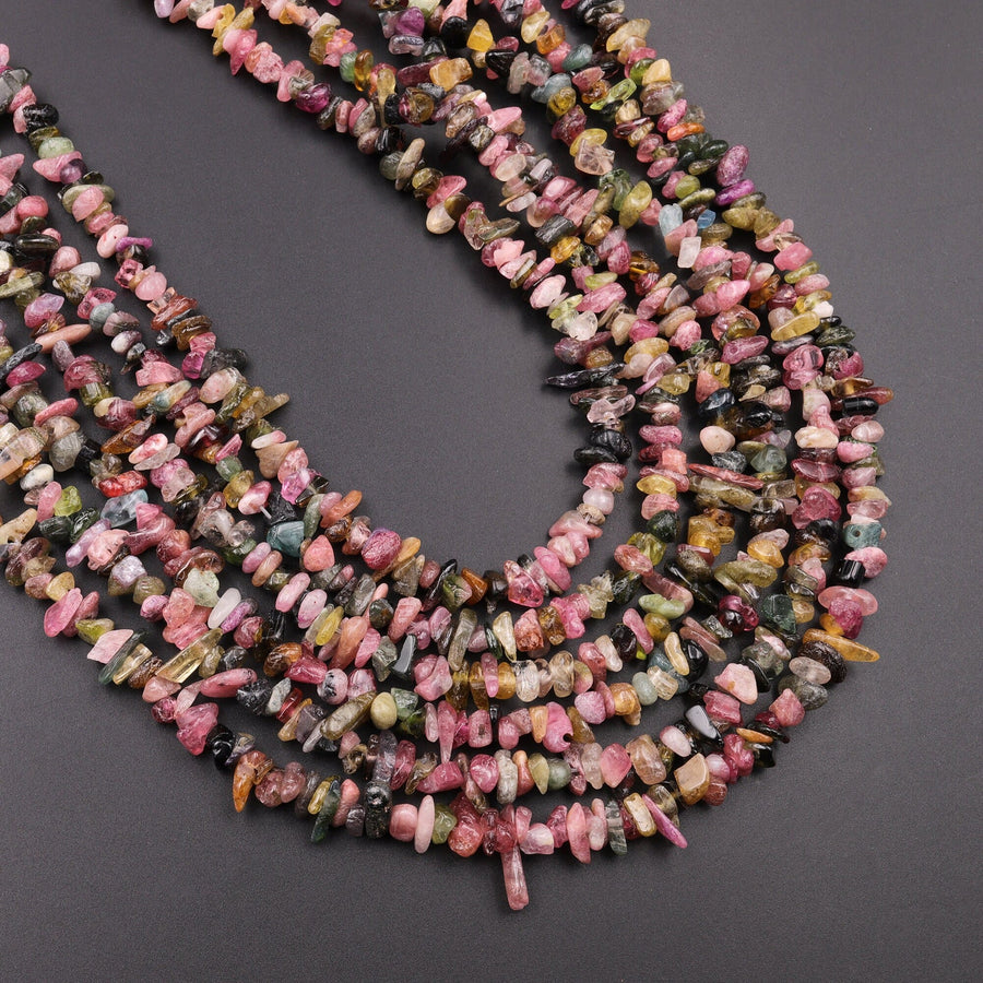 Natural Multicolor Green Pink Yellow Tourmaline Freeform Chip Pebble Nugget Beads Gemstone 15.5" Strand