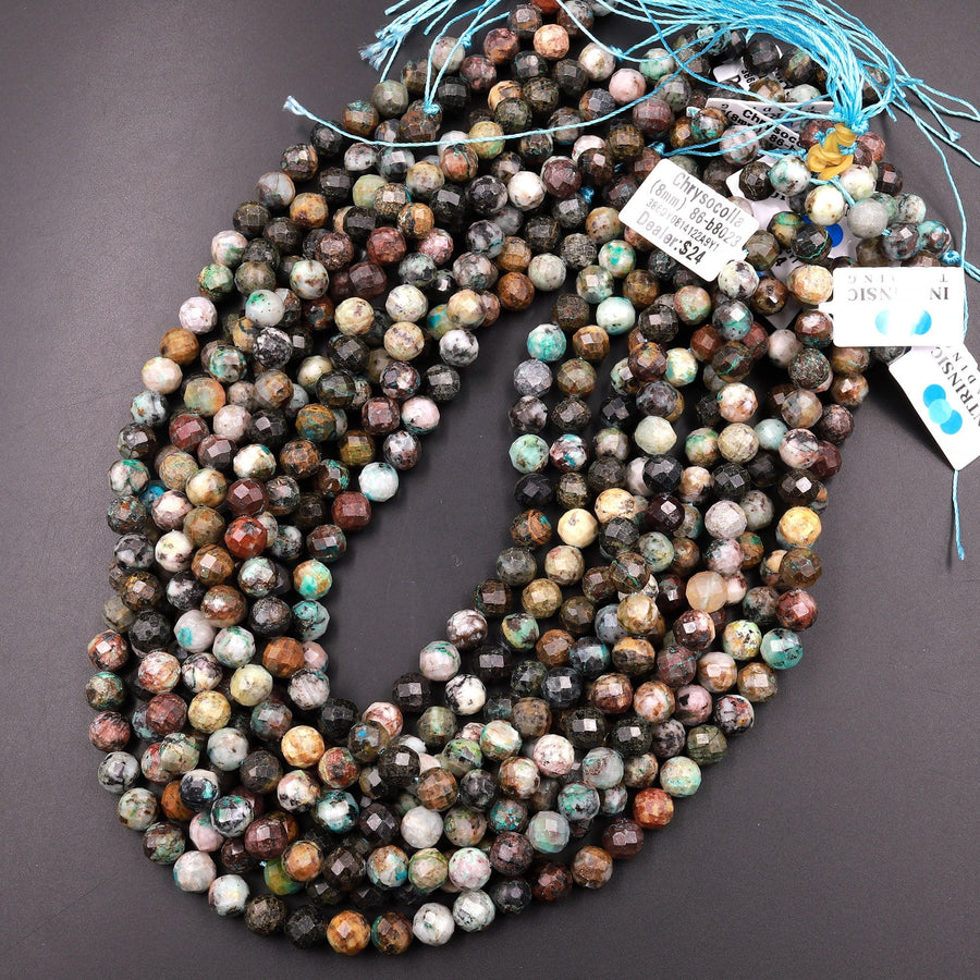 Faceted Natural Chrysocolla Round Beads 6mm 8mm 15.5" Strand