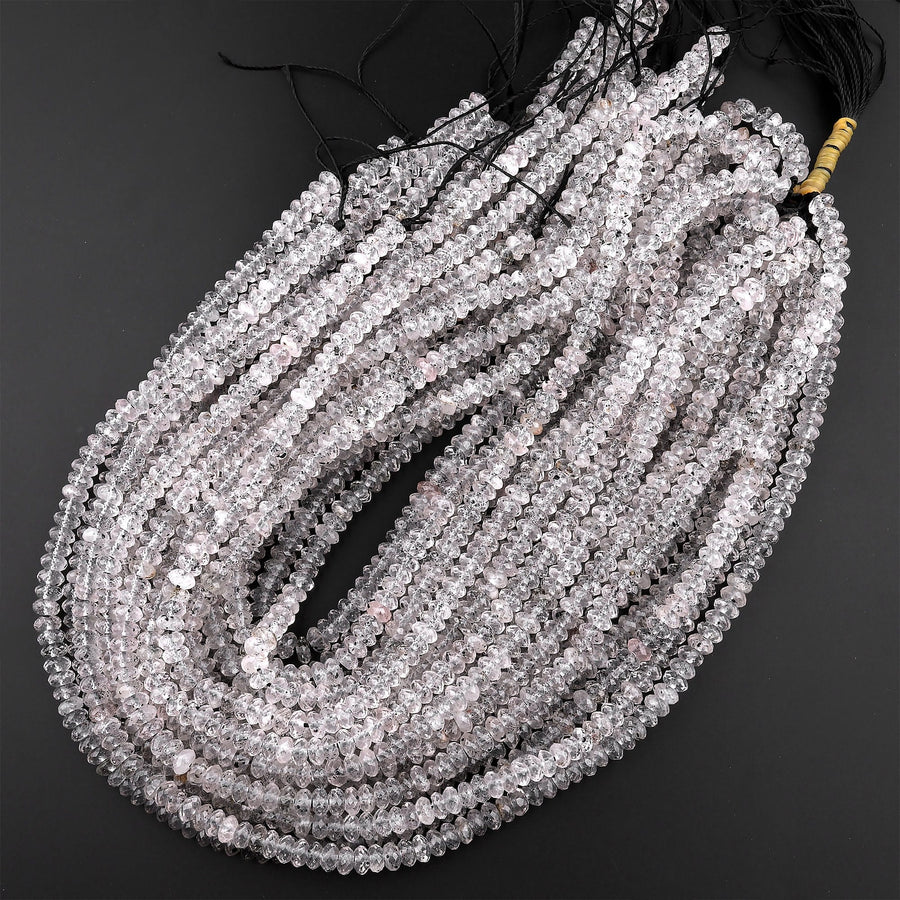 Faceted Black Hematite Phantom Quartz 6mm 8mm Rondelle Beads Rare Black Quartz Crystal Powerful Energy Stone 15.5" Strand