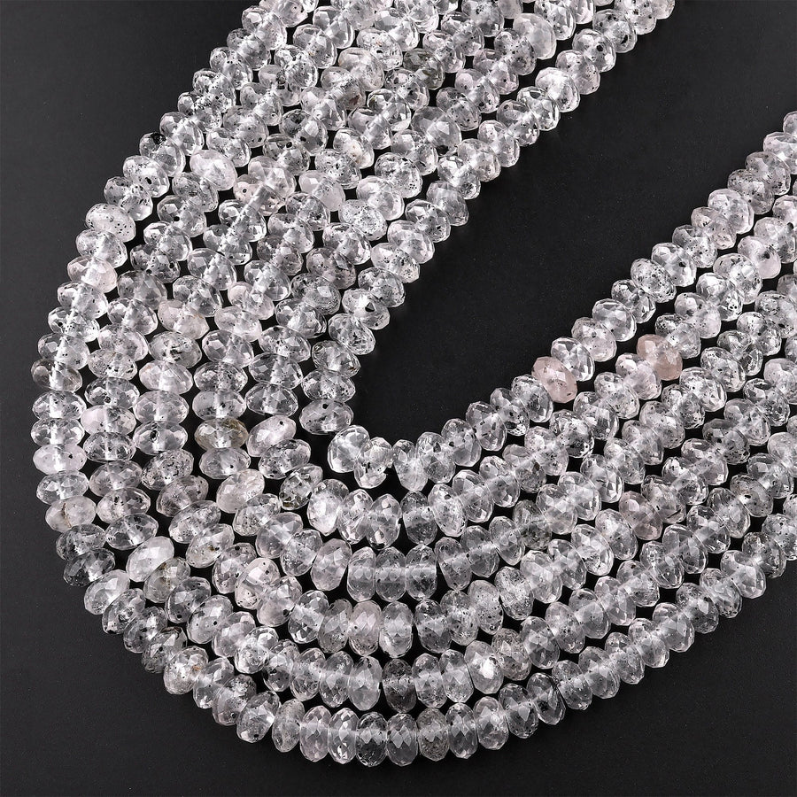 Faceted Black Hematite Phantom Quartz 6mm 8mm Rondelle Beads Rare Black Quartz Crystal Powerful Energy Stone 15.5" Strand