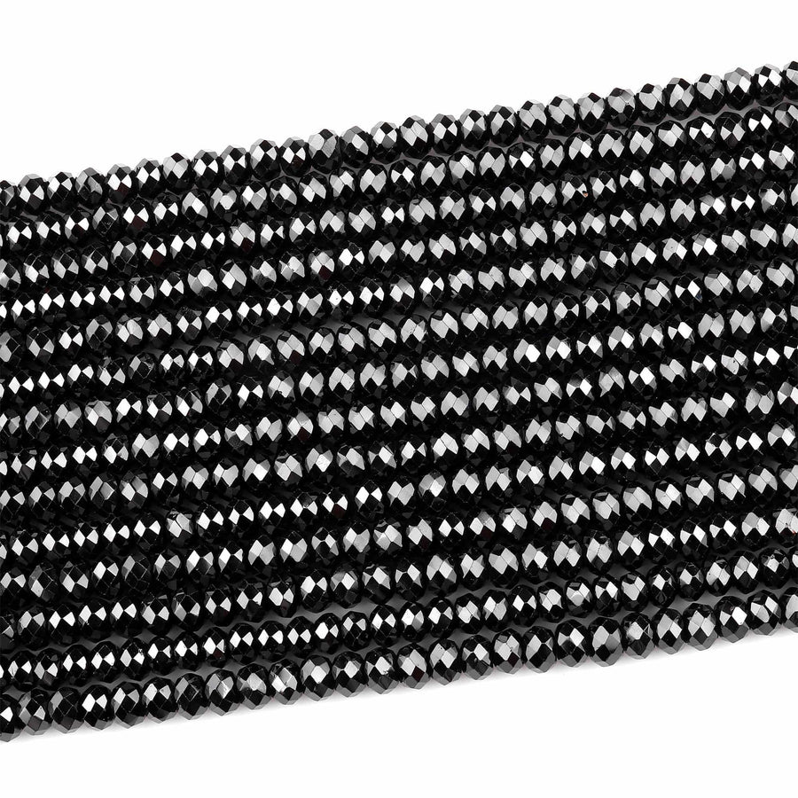 Natural Black Spinel Faceted 3mm 4mm 6mm Rondelle Beads Micro Faceted Laser Diamond Cut 15.5" Strand
