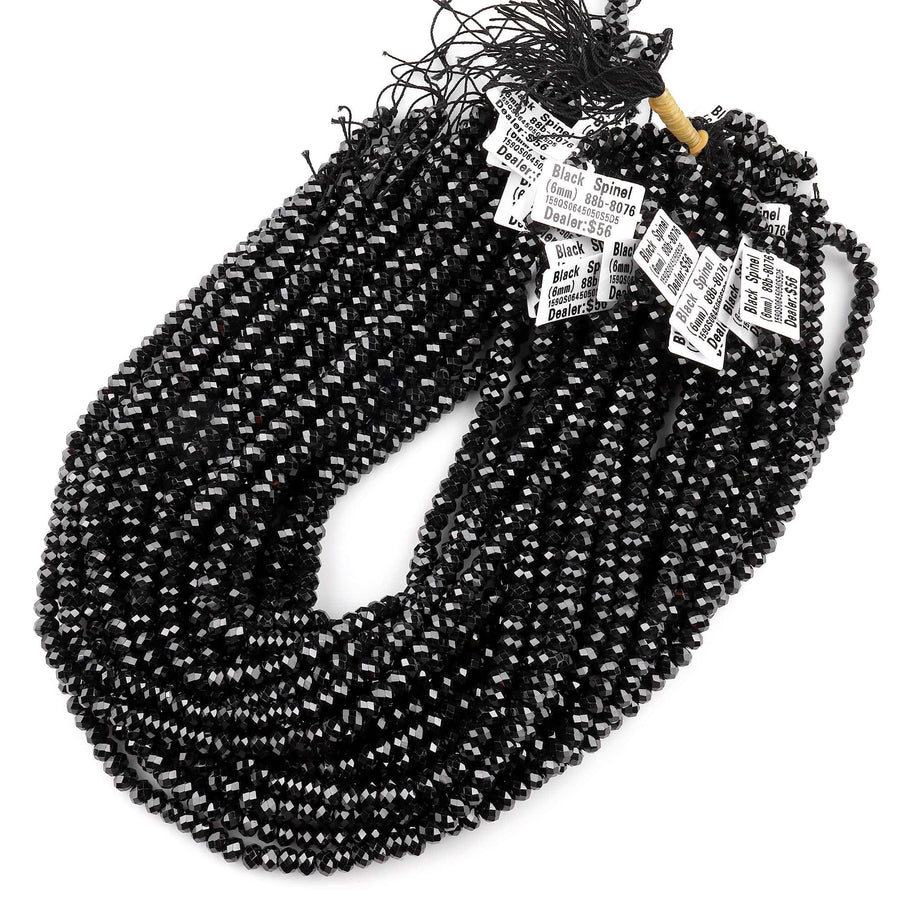 Natural Black Spinel Faceted 3mm 4mm 6mm Rondelle Beads Micro Faceted Laser Diamond Cut 15.5" Strand