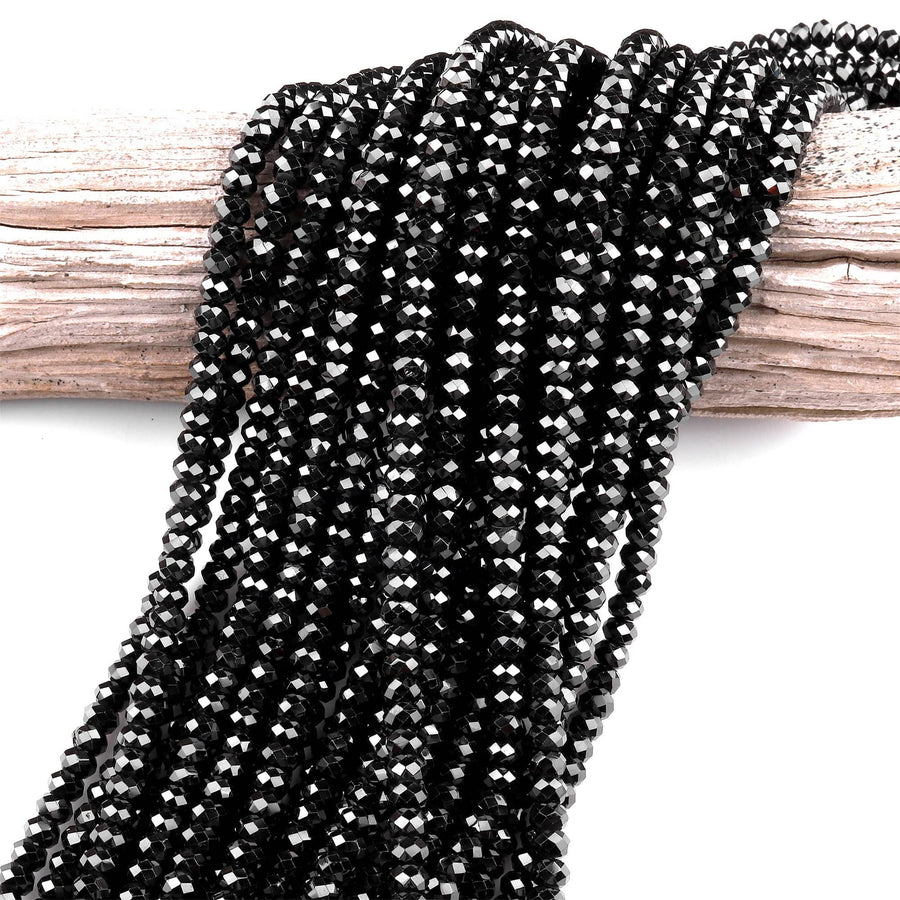 Natural Black Spinel Faceted 3mm 4mm 6mm Rondelle Beads Micro Faceted Laser Diamond Cut 15.5" Strand