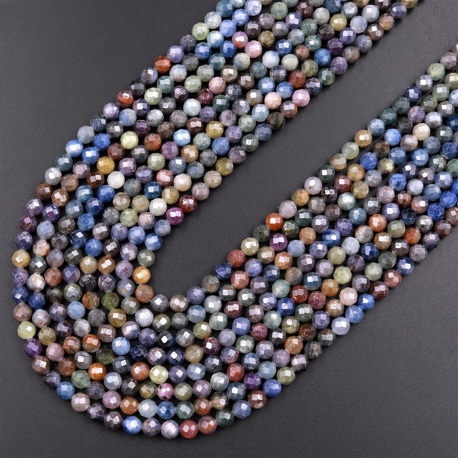 Real Genuine Burma Sapphire Faceted 2mm 3mm 4mm 5mm Round Beads Natural Multicolor Blue Purple Green Pink Yellow Gemstone 15.5" Strand