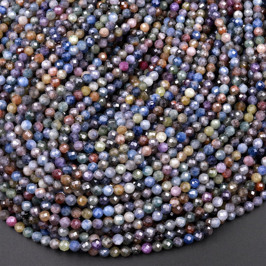 Real Genuine Burma Sapphire Faceted 2mm 3mm 4mm 5mm Round Beads Natural Multicolor Blue Purple Green Pink Yellow Gemstone 15.5" Strand