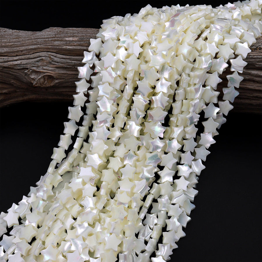 AAA Iridescent Hand Carved Natural White Mother of Pearl Shell Star Beads 6mm 8mm 10mm 12mm 15.5" Strand