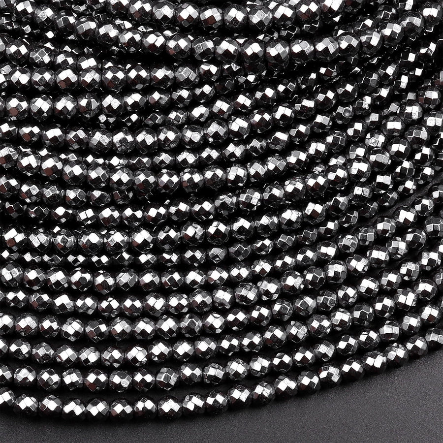 Faceted Natural Black Hematite 2mm 3mm 4mm 6mm 8mm Round Beads 15.5" Strand