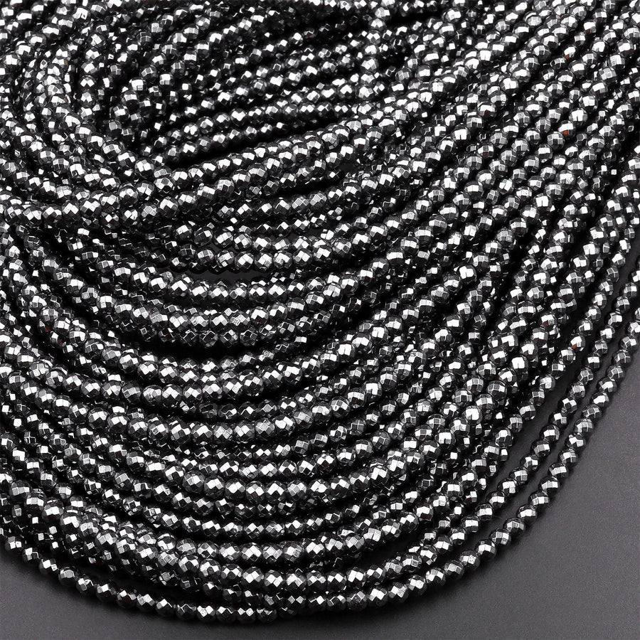 Faceted Natural Black Hematite 2mm 3mm 4mm 6mm 8mm Round Beads 15.5" Strand