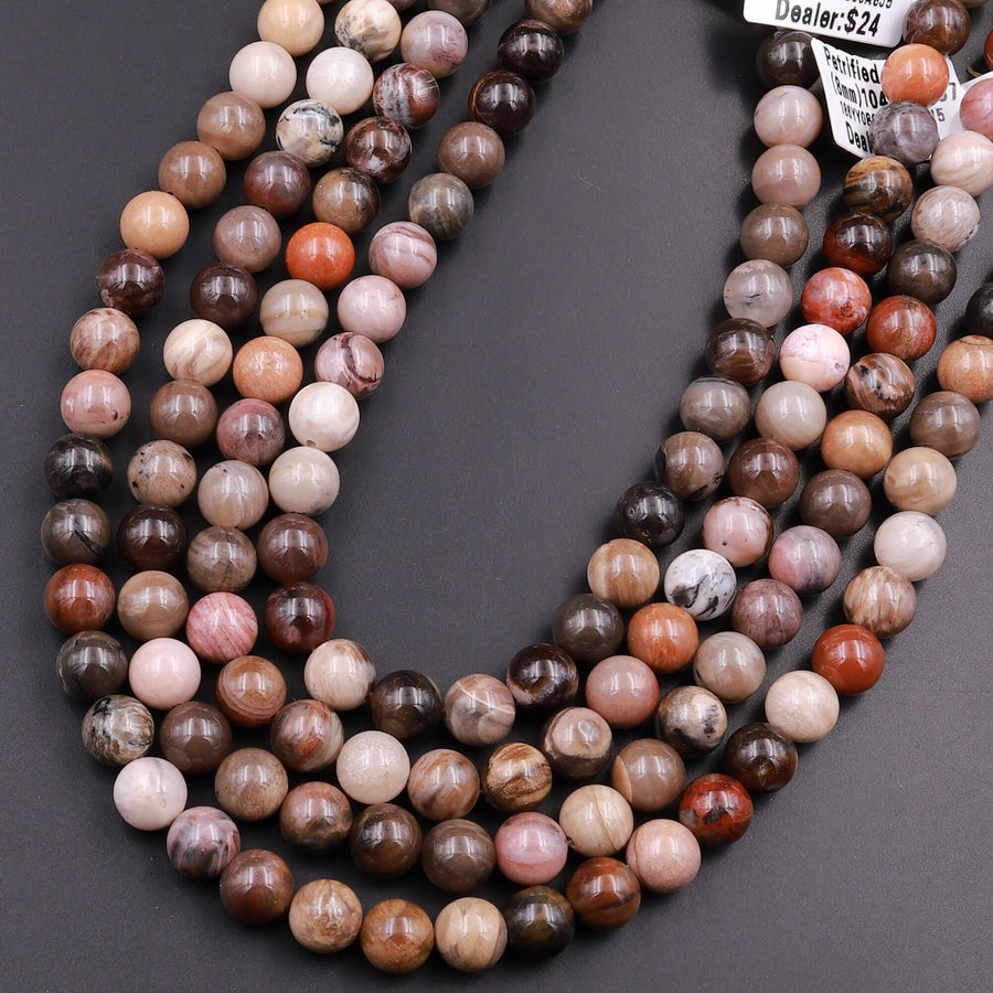 Natural Petrified Wood Beads 6mm 8mm 10mm Round Beads Earthy Brown Tan Gray Red Gemstone 15.5" Strand