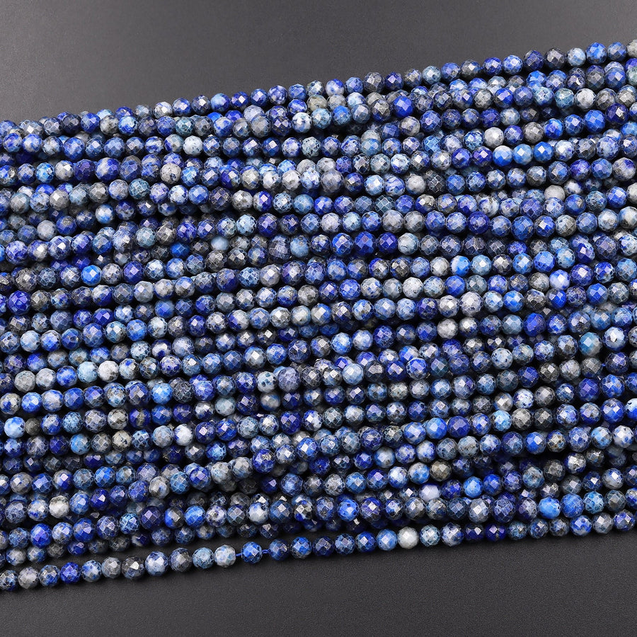 Faceted Natural Denim Blue Lapis Lazuli 4mm Round Beads Diamond Cut Gemstone 15.5" Strand
