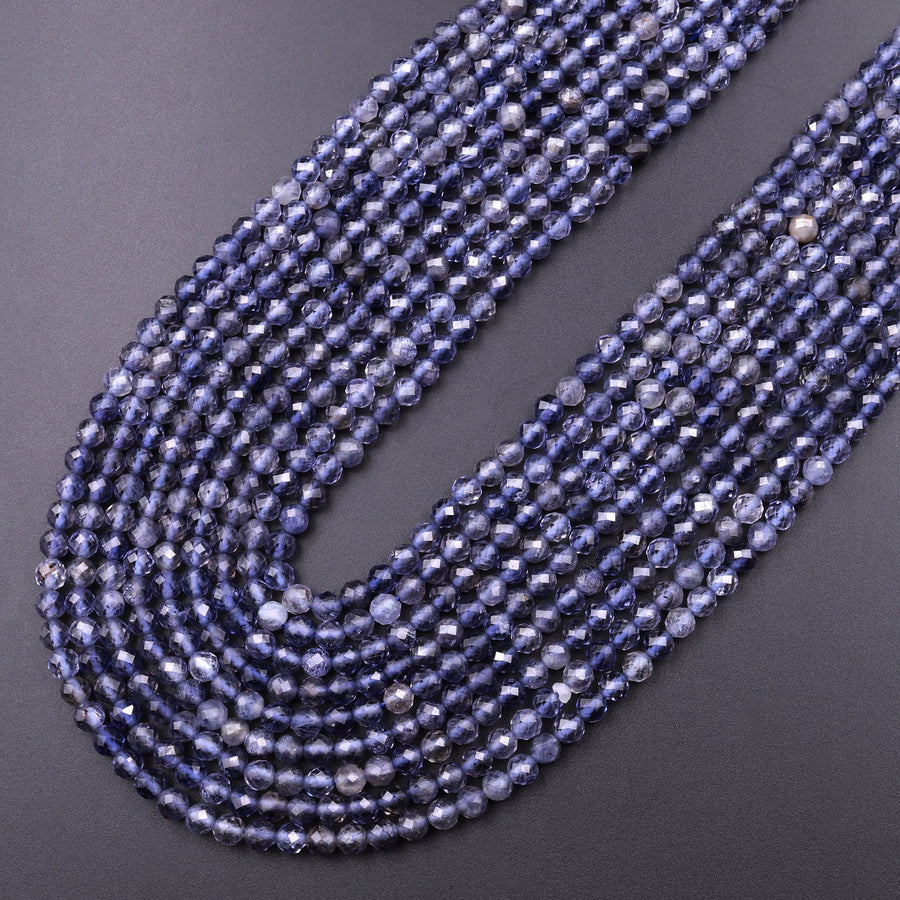 AAA Natural Blue Iolite Faceted 2mm 3mm 4mm Round Beads Genuine Real Multicolor Iolite Gemstone Beads 15.5" Strand
