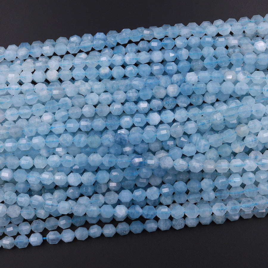 Natural Blue Aquamarine 6mm Beads Faceted Energy Prism Double Terminated Point Cut 15.5" Strand