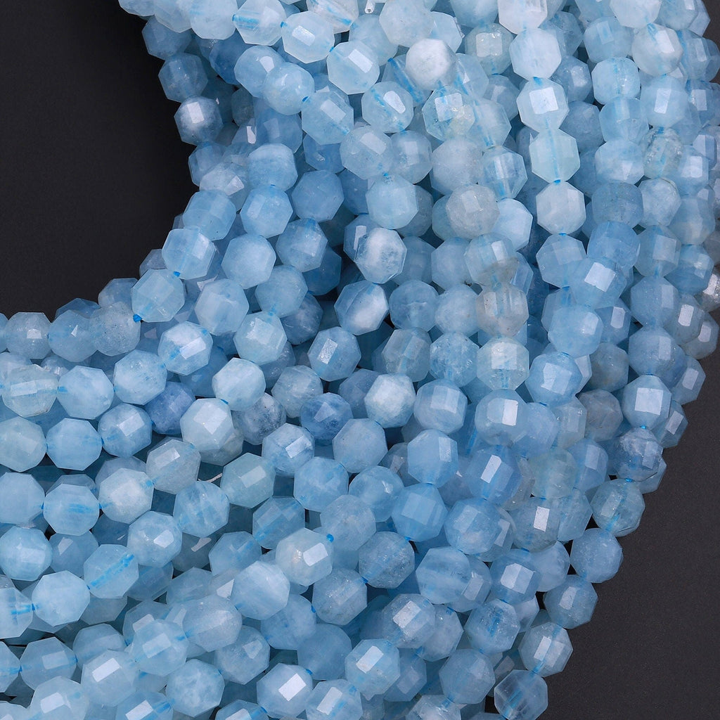 Natural Blue Aquamarine 6mm Beads Faceted Energy Prism Double Terminated Point Cut 15.5" Strand