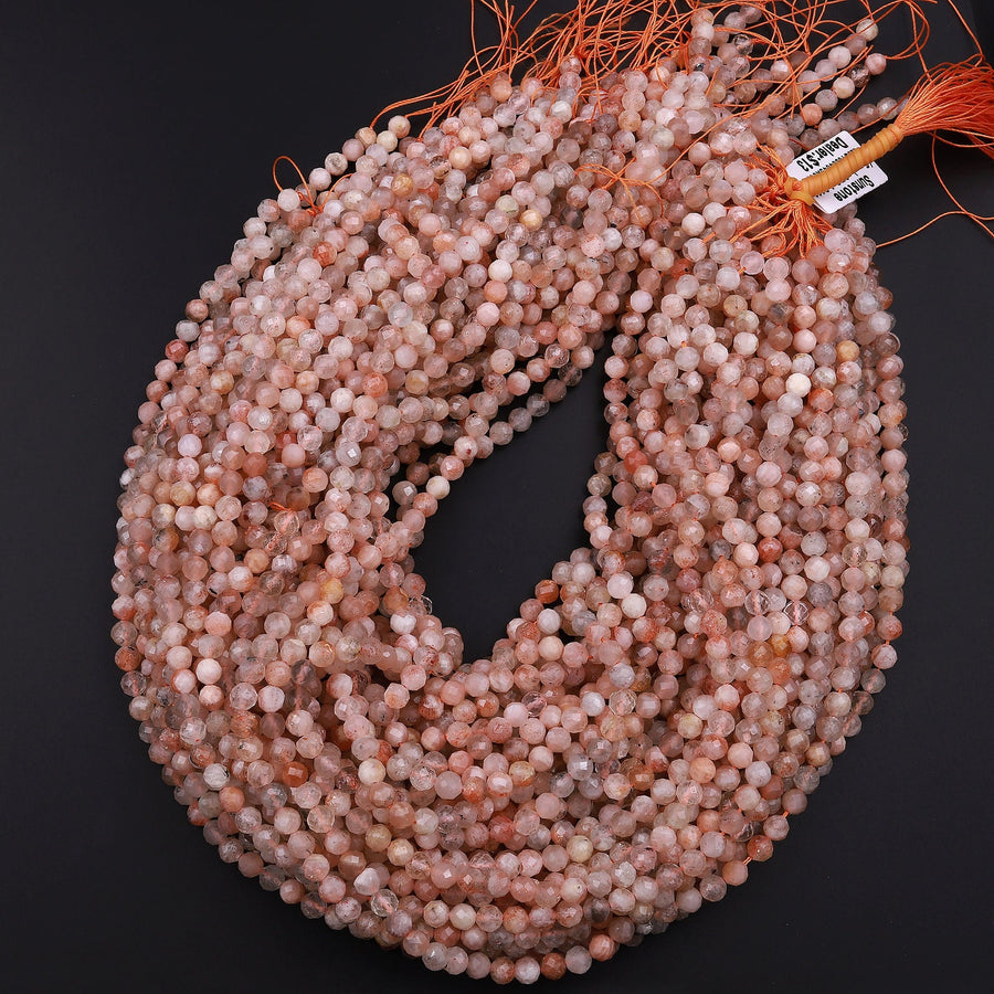 Micro Faceted Natural Sunstone Round Beads 4mm 5mm 6mm Sparkling Diamond Cut Gemstone 15.5" Strand