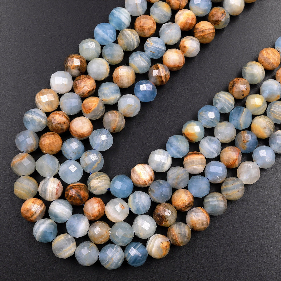 Faceted Natural Argentina Lemurian Aquatine Blue Calcite 6mm 8mm Round Beads 15.5" Strand