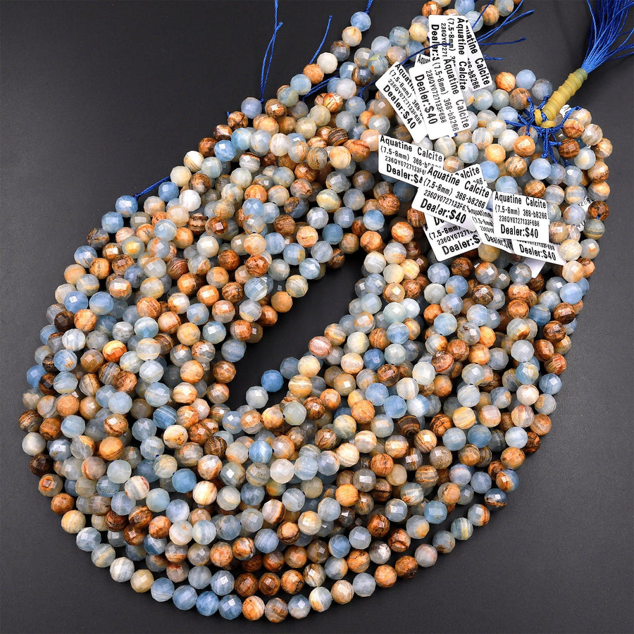 Faceted Natural Argentina Lemurian Aquatine Blue Calcite 6mm 8mm Round Beads 15.5" Strand