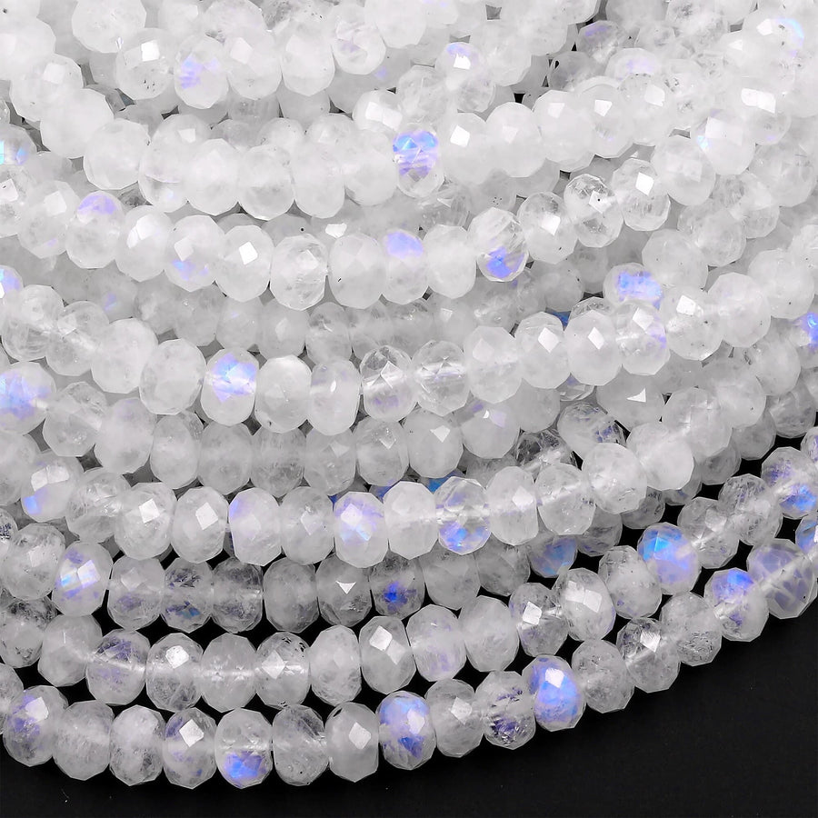 AAA Natural Rainbow Moonstone Faceted Rondelle Beads 3mm 4mm 6mm 8mm 10mm High Quality Blue Flashes 15.5" Strand