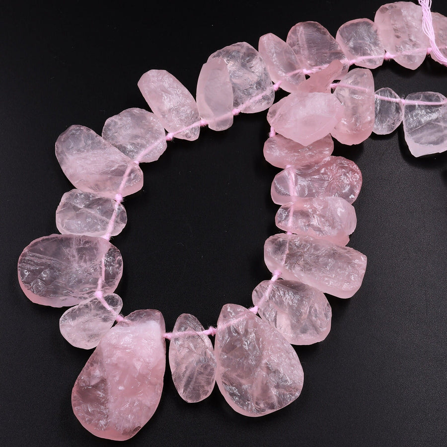 Rough Raw Natural Pink Rose Quartz Beads Freeform Teardrop Hammered Nuggets Organic Cut 15.5" Strand