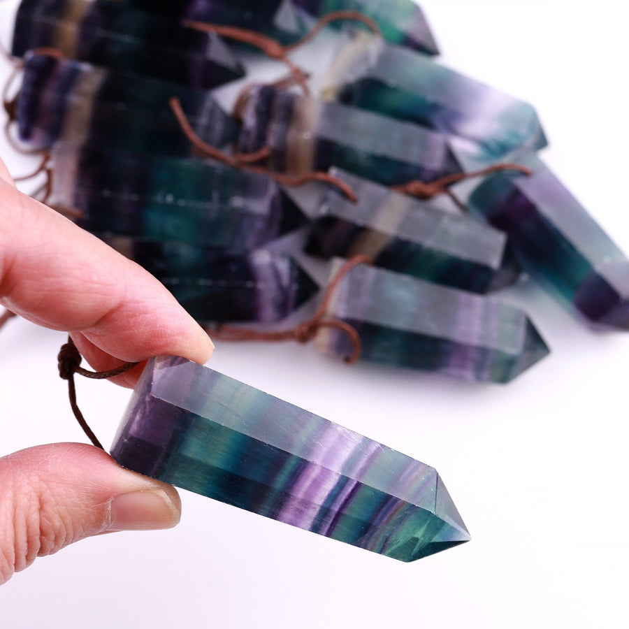 Natural Rainbow Fluorite Point Pendant Gemstone Tower Pendulum