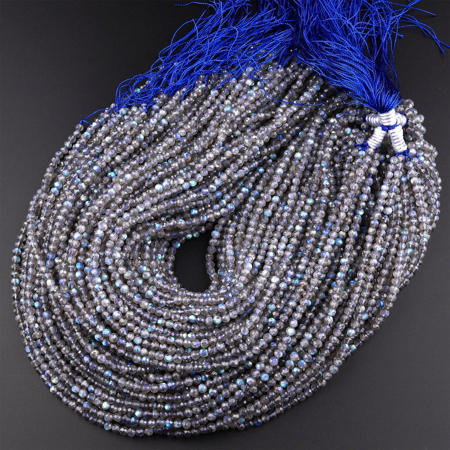 AAA Micro Faceted Labradorite 3mm 4mm 6mm Round Beads Brilliant Flashes 15.5" Strand