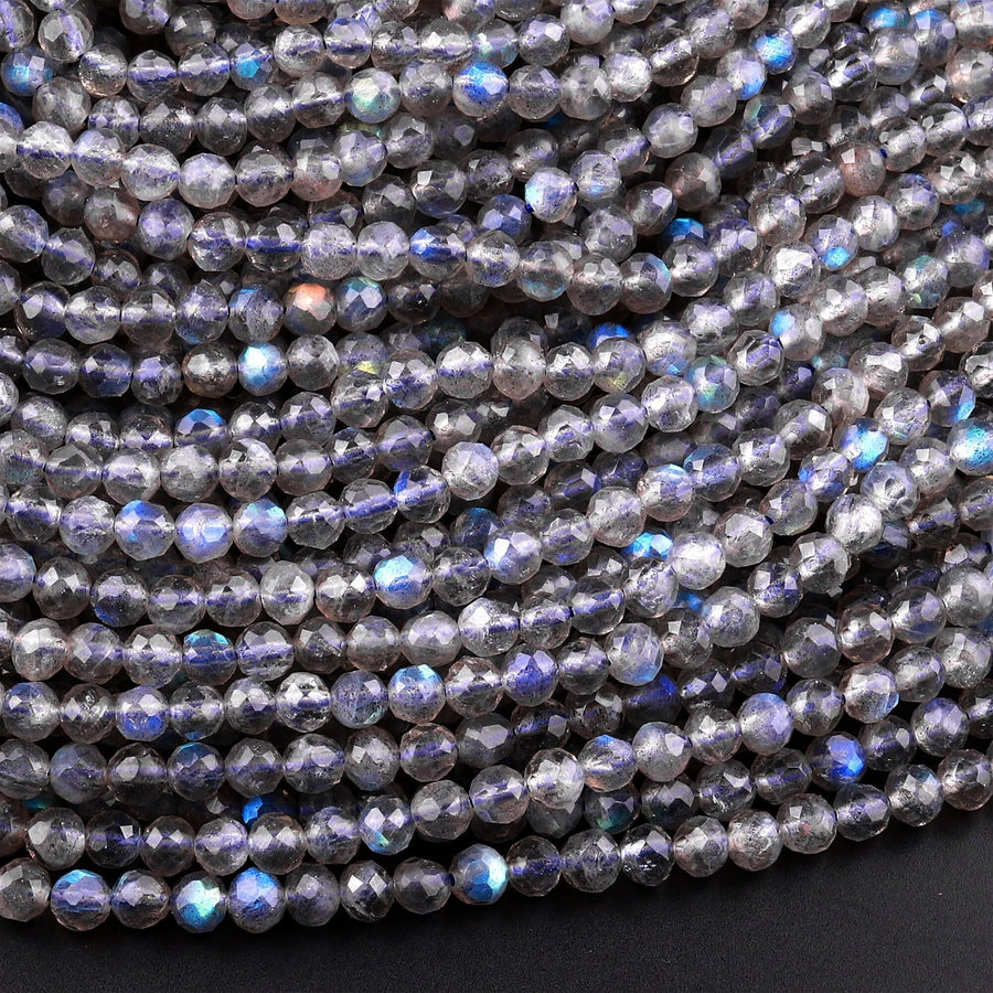 AAA Micro Faceted Labradorite 3mm 4mm 6mm Round Beads Brilliant Flashes 15.5" Strand